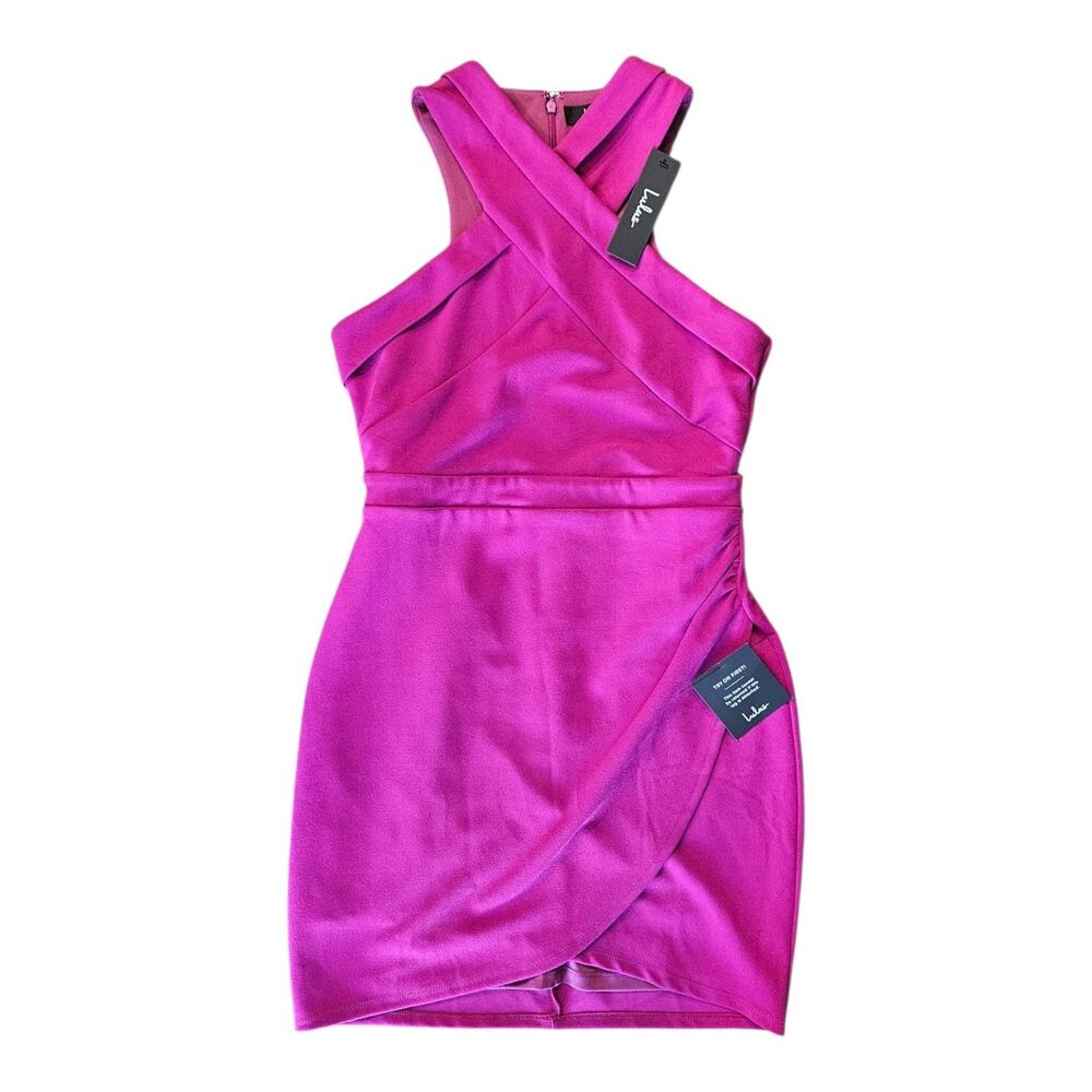 NWT Lulus Size MEDIUM Halter Evening Dress Halter Purple Crossover Faux Wrap